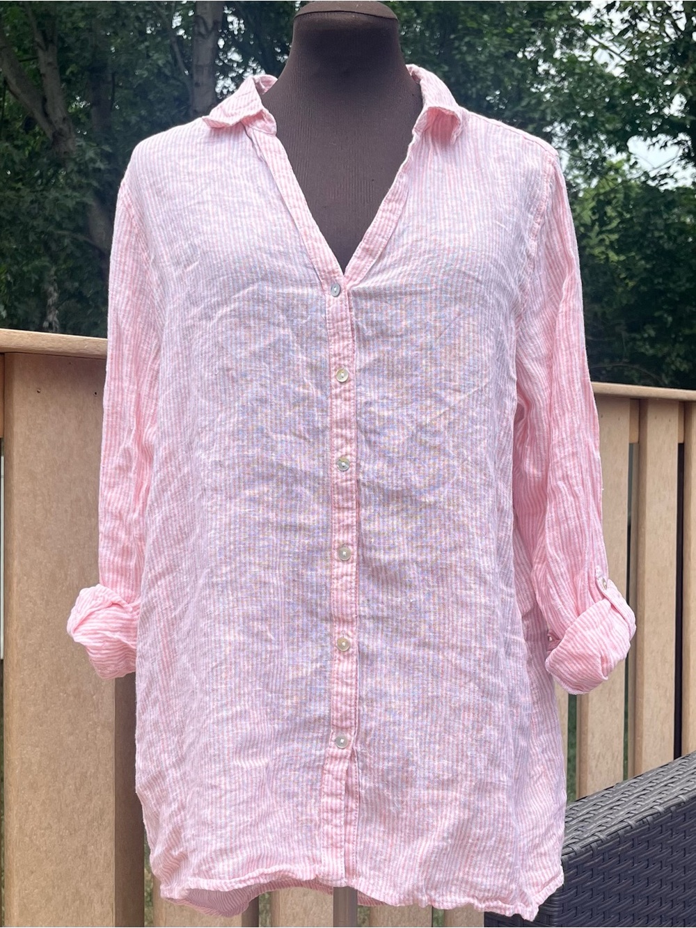 Martha Stewart 100% Linen Pink White Striped Roll Tab Sleeve Shirt Sz L Coastal